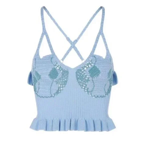 HOUSE OF SUNNY Palma crochet stretch knit ruffle crop top - Picture 3 of 8